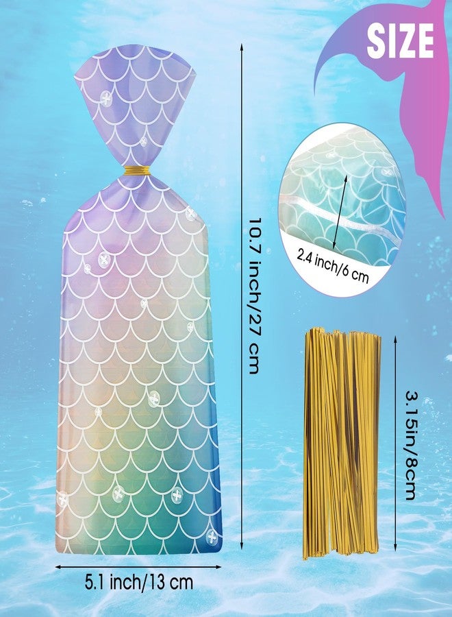 Litmitfu 50 Pack Mermaid Goodie Bags - Ocean Mermaids Party Favor Bags, Little Mermaid Cello Cellophane Gift Candy Treat Bag with 50Pcs Twist Ties for Kids Girls Mermaids Themed Birthday Party Supplies Favors - Image 4